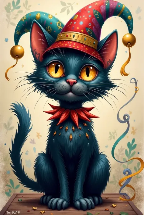 A drawing of a black cat wearing a spiked collar and a jester hat