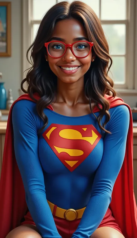 GRACEFULLY SITTING, LEGS CROSSED, a 19-year-old Black girl, dark-skinned and beaming. She's wearing a brand-new 1980 Superman suit, the latest design, and her joy is infectious. Her long hair flows around her shoulders, catching the light. She's wearing a ...
