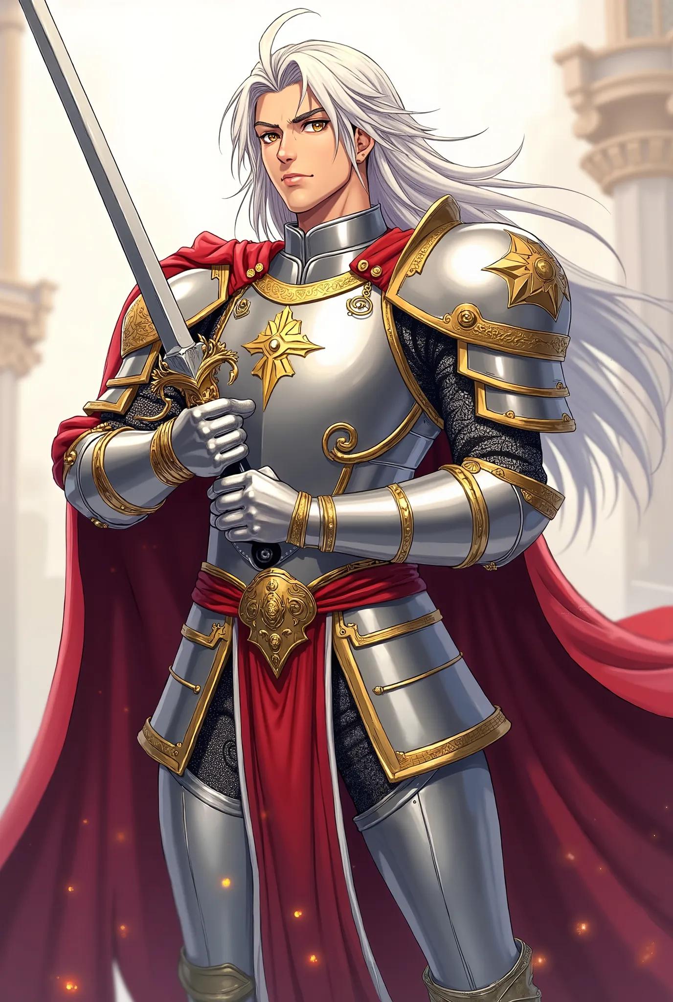 Anime style, full body, toned body, an adult man with long silver hair, gleaming golden eyes, wearing bright silver Paladin armor with golden trim and a red sash around the waist, holding a longsword with a curved blade