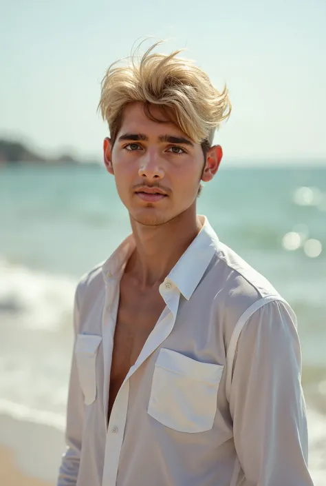 Portrait of a handsome young man, full body, beach, modeling, men's clothing, spring summer collection, white skin, extremely pale skin, blonde boy, european boy, blonde hair, (8k, RAW photo, best quality, masterpiece:1.2), (realistic, photo-realistic:1.37...