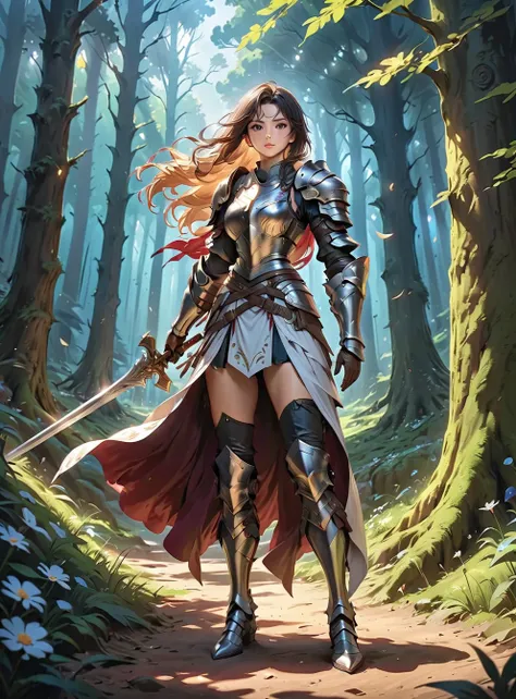 masterpiece,best quality,amazing quality, 1girl, solo, planted sword, long hair, black hair, black eyes, blush, standing, holding, hand on hilt, holding sword, gloves, boots, belt, sword, armor, shoulder armor, brown gloves, breastplate, armored boots, gre...