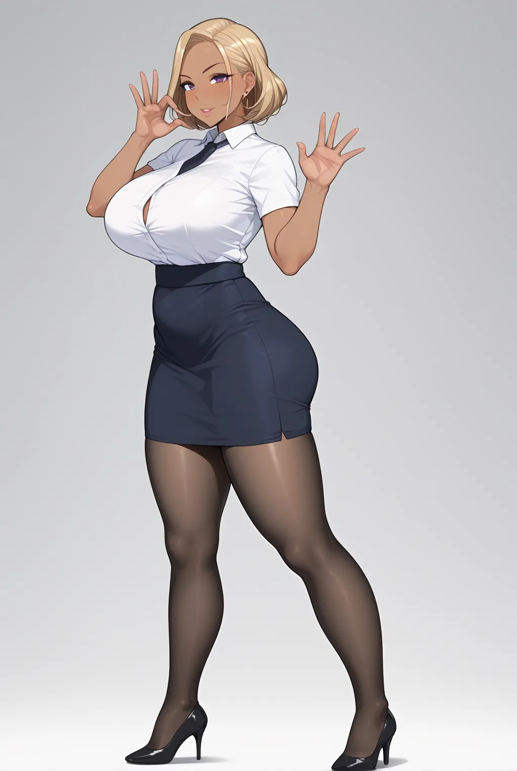  quality;{  super real,   high definition,   Details,   high resolution, 8k,  Realistic color saturation   , プロフェッショナル quality,   perfect contrast, ( light grey background), (  correct anatomy  ), (  beautiful 18-year-old secretary standing showing off for...