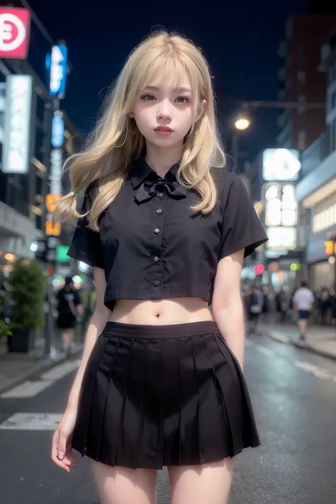 (8k,   RAW photo,   Premium ,   masterpiece:1.3),(  realistic,photo-  realistic:1.37),(night),( viewer :1.331),(Blonde),  posing  ,tokyo streets,nightcityscape,   cyberpunk city  ,  soft light,1 female, extremely beautiful face,chest, put your hands down ,...