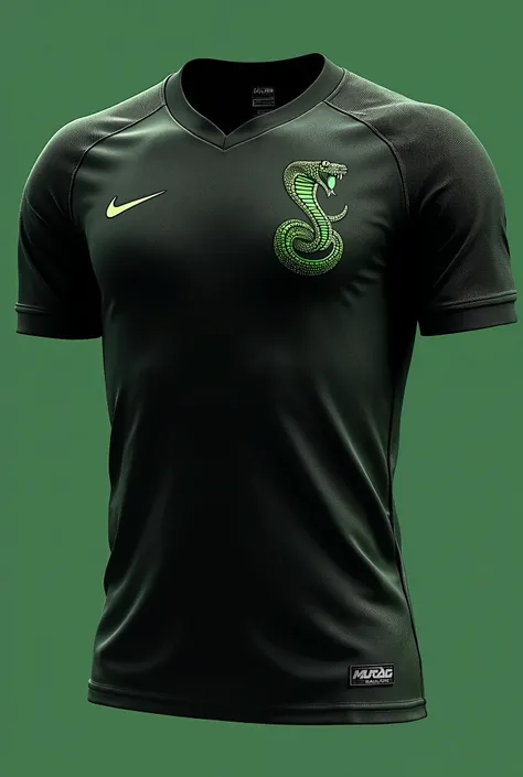 Design a Nike soccer jersey, with a predominance of black color and dark green details, The shirt has a snake symbol on the left chest