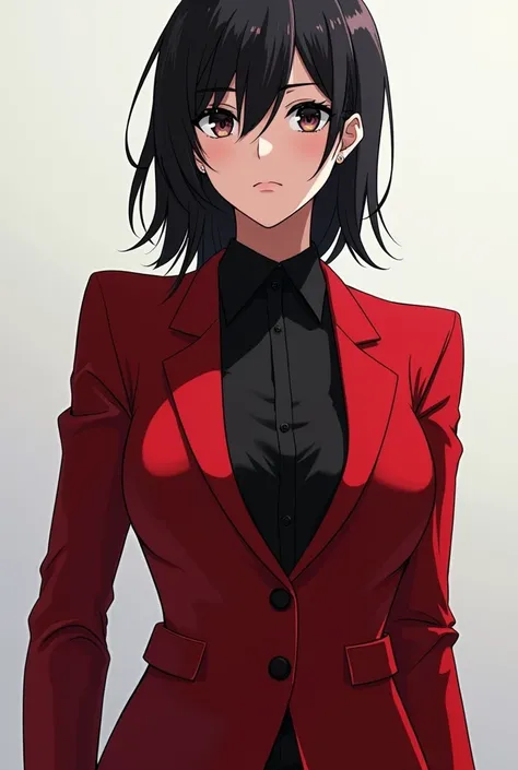 Put on Utahime from JJK a red suit with a black shirt