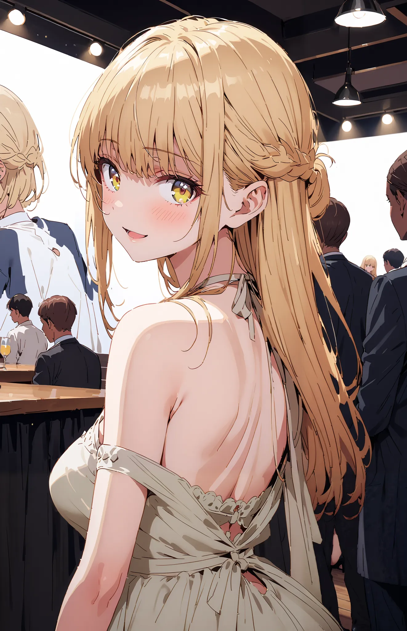 It&#39;s so dizzying, Mahiru Shiina, Alone,bangs,  blonde hair,  brown hair,  yellow eyes, half up do, off shoulder dress,A dress that shows your back,Long slit, pin heels, egg looking back in the vagina,smile,blush, open your mouth, table, beautiful night...