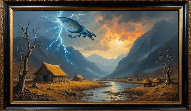 High quality masterpiece, very detailed, oil painting in Leonardo da Vinci style.
Background: overly cloudy sky, big electric lightning bolts in the clouds, darkness, shadows, dry and bare mountains, very big fire in the mountains, muddy ground, grime, dea...