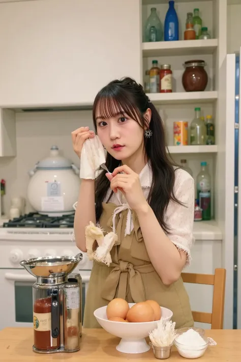 "A Japanese woman in a cozy kitchen preparing ingredients for baking a cake. She is measuring flour with a scale, cracking eggs into a bowl, and arranging ingredients neatly on the counter. The kitchen is well-lit with a warm and inviting atmosphere."


