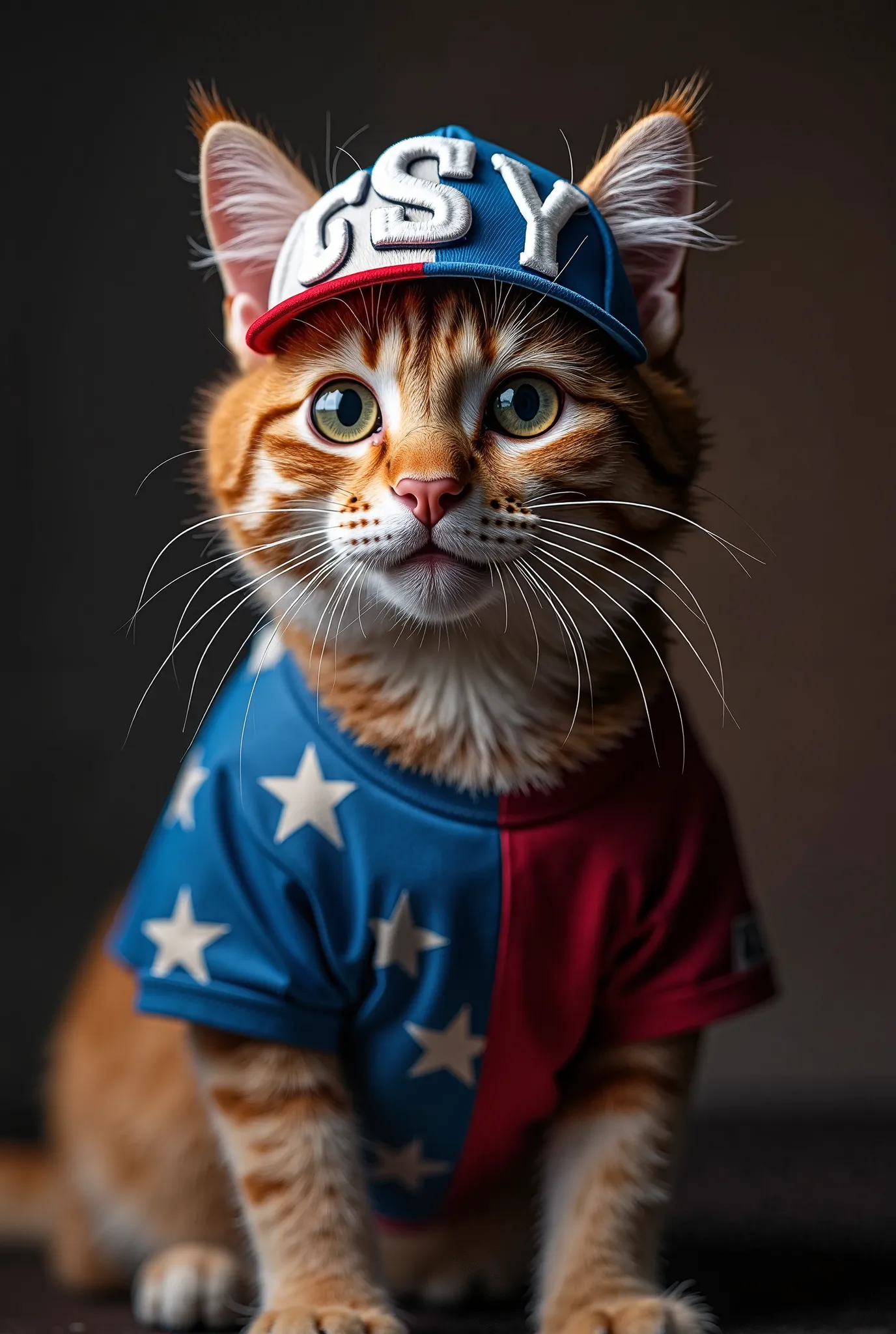 
Make me a cat with a cap and the cap should be a New Era brand and on the front of the cap should have the initials in closed capital letters and say SY , that is more aggressive with the colors of the Panama flag the letters