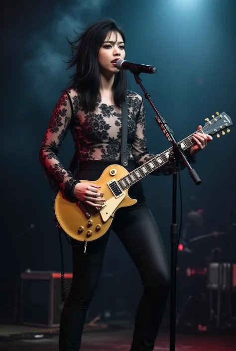 Hard gothic band style, The Runaways, Suzi Quatro, Girl school, Plasmatics, play the guitar, Gold Gibson Les Paul, Gothic, female, Dark world, detailed face, black metal world, Black cyberpunk fashion, band world, new wave, dark Psych, long coat, Dark back...