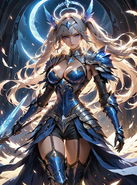 masterpiece, best quality, 1girl, solo, nslva, silver hair, purple eyes, twintails, long hair, large breasts, halo, head wings, crystal crown, crystal armor, crystal choker, armored dress, blue gauntlets, cleavage, blue wings, low wings, feathered wings, b...