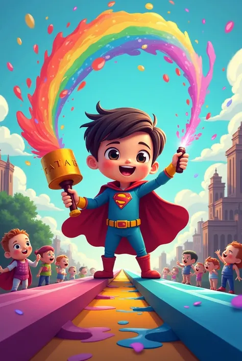 A brave cartoon protagonist wearing a colorful superhero cape, holding a giant syringe-shaped water gun that sprays rainbow liquid, standing on a rollercoaster track that transforms from monochrome to vibrant colors, surrounded by cheering pixel-style小人 re...