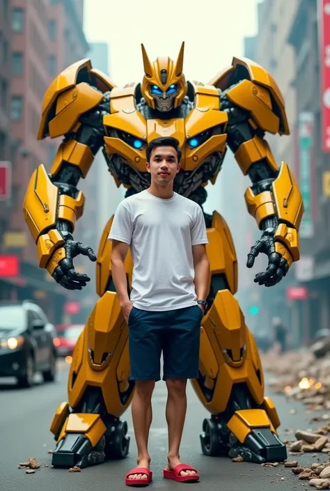 Photo realistic, sharp, handsome, well-built Asian man in his thirties, wearing a white t-shirt, navy blue shorts, red flip-flops, standing in the hands of a large golden metal robot (Bumblebee) in the middle of a street in a city left in ruins, colorful s...