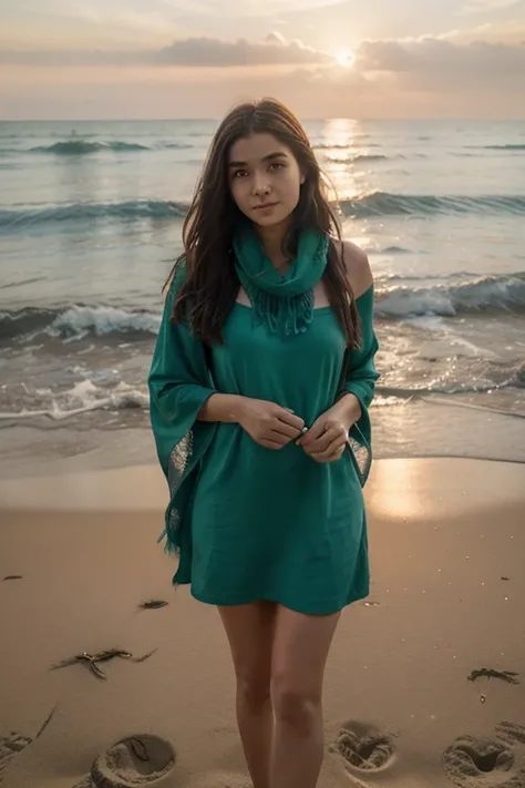 Draw a picture of a 25-year-old woman wearing a green dress and shawl standing on the seashore at dusk in the sunlight se ja ja