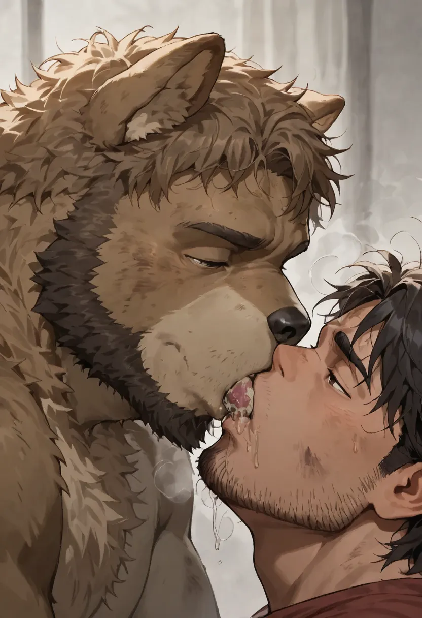 (( manly fat dog),(male)fat ,best quality,furry,Saliva,Dirty,smegma,stink,disheveled hair,50s,Beard,steam,Long fur、 deep kiss、