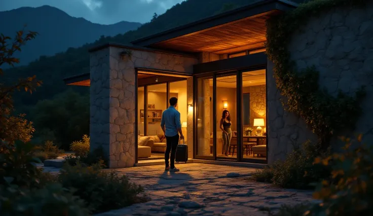 "Ultra-realistic cinematic view, 8K UHD, twilight lighting. Secluded modern villa nestled in the misty mountains, golden sunlight casts long shadows. A man (leeminho, korean, handsome, athletic build, 25s) stands at the entrance, holding a suitcase. A woma...