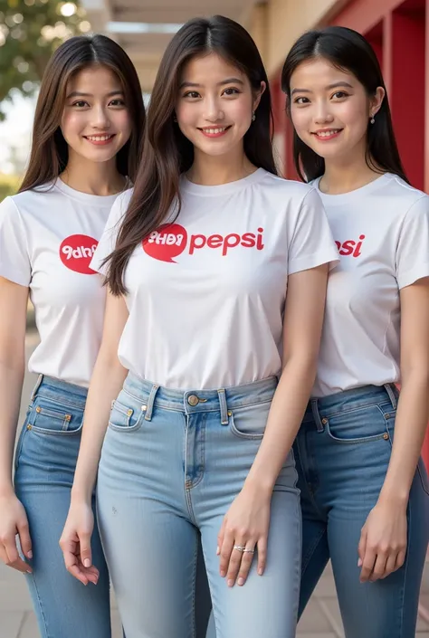 Create an image featuring three beautiful female models wearing stylish shirts with the text 'Schon Blink Salon' prominently displayed on them. Replace the original text 'pepsi' with 'Schon Blink Salon' while maintaining a fashionable and cohesive look. Th...