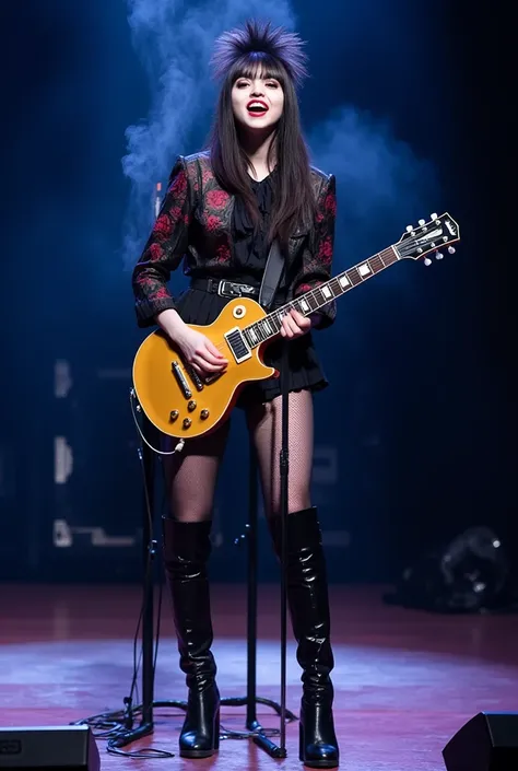 Hard gothic band style, The Runaways, Suzi Quatro, Girl school, Plasmatics, play the guitar, Gold Gibson Les Paul, Gothic, female, Dark world, detailed face, black metal world, Black cyberpunk fashion, band world, new wave, dark Psych, long coat, Dark back...