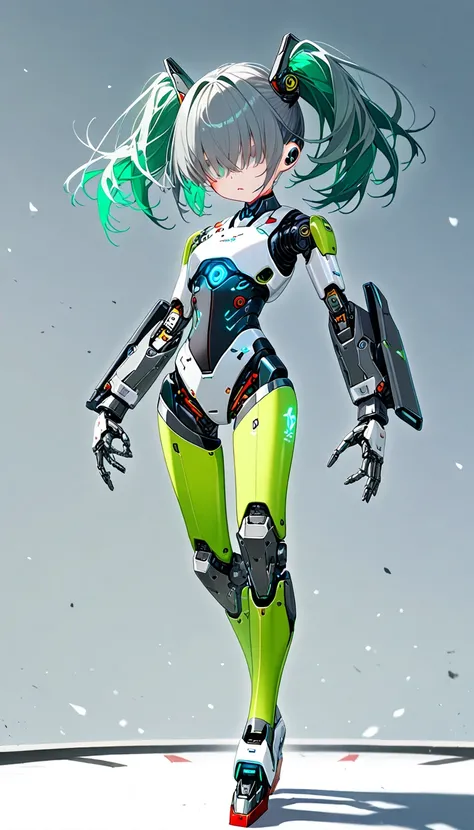 (masterpiece, best quality, amazing quality, very aesthetic, absurdres, newest:1), masterpiece,best quality,amazing quality, insanely detailed , Bright color palette,  solo girl, medium hair,green hair,(( twintail hair)), (hair over eyes), expressionless ,...