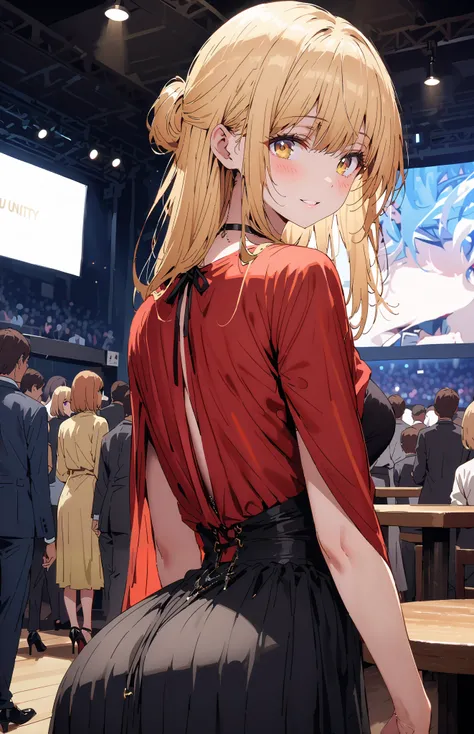 It&#39;s so dizzying, Mahiru Shiina, Alone,bangs,  blonde hair,  brown hair,  yellow eyes, half up do, off shoulder dress,A dress that shows your back, Slit Skirt, pin heels, egg looking back in the vagina,smile,blush, open your mouth, table, beautiful nig...