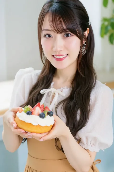 "A Japanese woman proudly holding a beautifully decorated homemade cake. She is smiling happily, wearing a cute apron. The cake is topped with fresh fruits and whipped cream, and the background shows a clean and bright kitchen setting."


