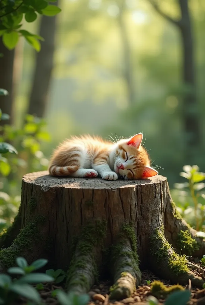 Live action kitten stretching out and sleeping on a big stump