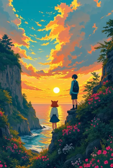 ( Masterpiece,  top quality :1.2), A couple,  cute cat-eared girl  /(Auburn Hair,  girly clothes),A human /(Normal Human,  black hair, casual wear),their road trip scene,(sun set),Very Steep Slope、Stunning Coastal Views、 Nostalgic atmosphere 、Hand-drawn il...