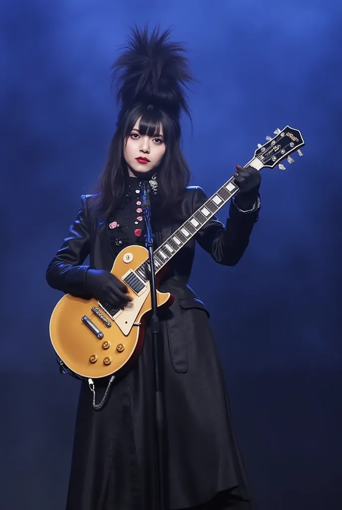 Hard gothic band style, The Runaways, Suzi Quatro, Girl school, Plasmatics, play the guitar, Gold Gibson Les Paul, Gothic, female, Dark world, detailed face, black metal world, Black cyberpunk fashion, band world, new wave, dark Psych, long coat, Dark back...