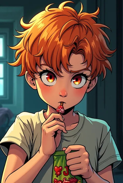 DC COMIC PANEL.  age boy ,  wavy orange hair,  red eyes,t-shirt with a red SHIRT, serious expression,  eating a candy, HOLDING A bag of candy in a room
