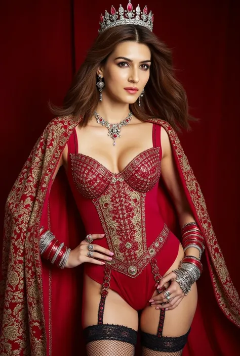 indian 30 years women wearing an opulent, regal ensemble with a bold and luxurious aesthetic, deep red, intricately embroidered lingerie set featuring a structured bra and high-waisted panties with detailed embellishments, jeweled belt and matching accesso...