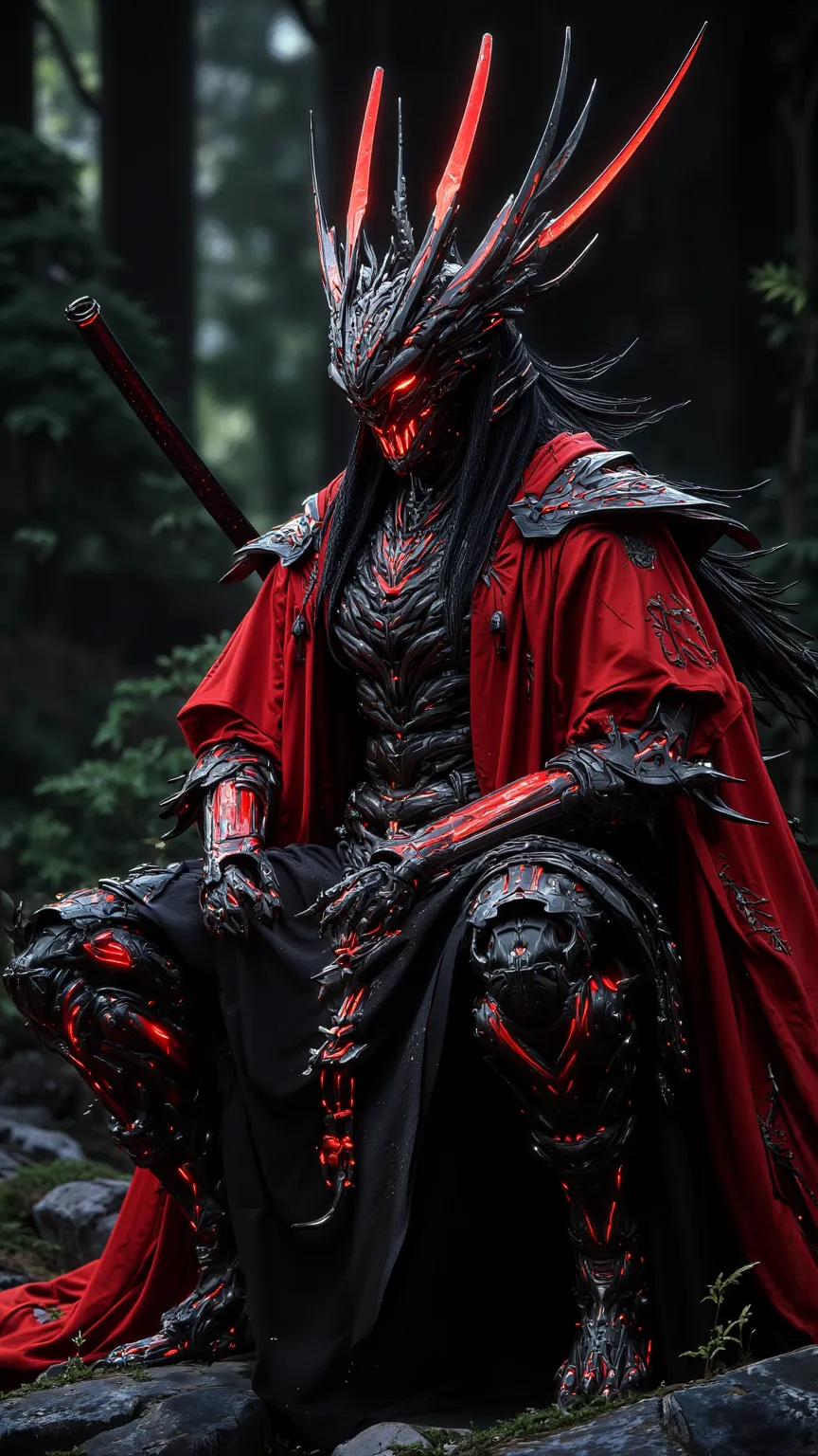 Demon Hunter ，HuDemon Hunter oid dragon warrior in samurai garb，sitting on rocks in a dense forest。  High detail 、  Movie light  、anime shadows and strong lines。Fantasy character design，with exquisite red and black armor and traditional samurai elements。St...