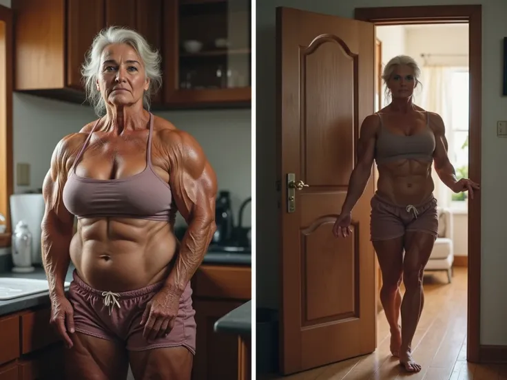 2 different photos: Photo 1 - a muscular old woman, a bodybuilder grandmother, is standing in the kitchen. Photo 2 - muscular old female bodybuilder grandmother opens the door of the house. realistic photos