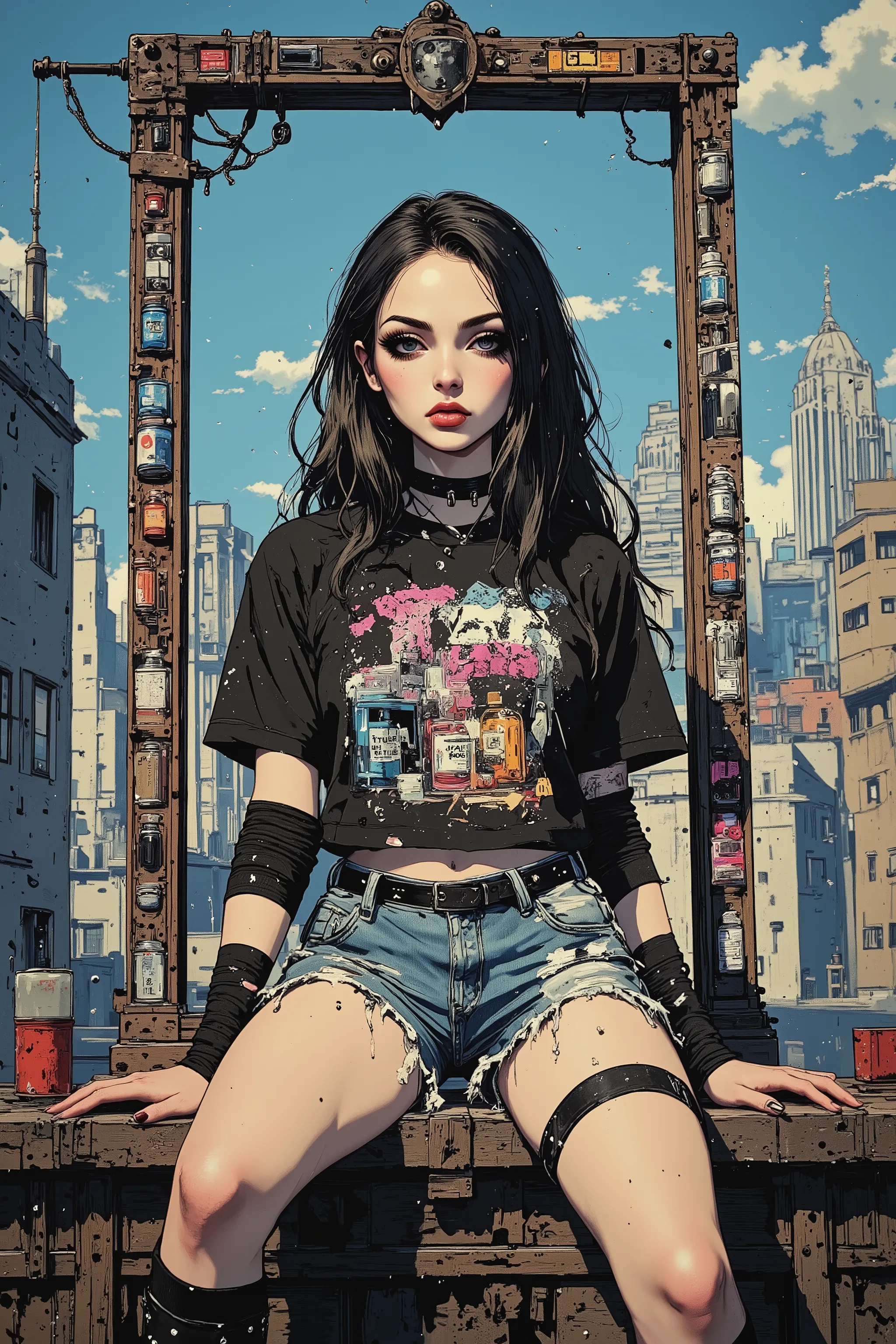 (urban rooftop background:1.3), solo, 1girl, (cinematic lighting:1.5), (close-up details:1.2), (black-hair:1.3), (kawaii goth aesthetics:1.5), (heroin chic:1.5), (cropped graphic tee with holes:1.3), (denim cutoff shorts:1.5), (elbow warmers:1.3), (grungy:...