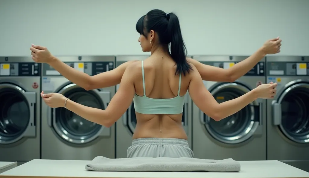 dslr photo, photograph, nikon, solo, 1girl, pretty woman, a four-armed young woman is standing in a laundromat at a folding table, (pretty indian woman who looks like padma lakshmi), (zoomed out), full body view, the four-armed woman is focused on folding ...