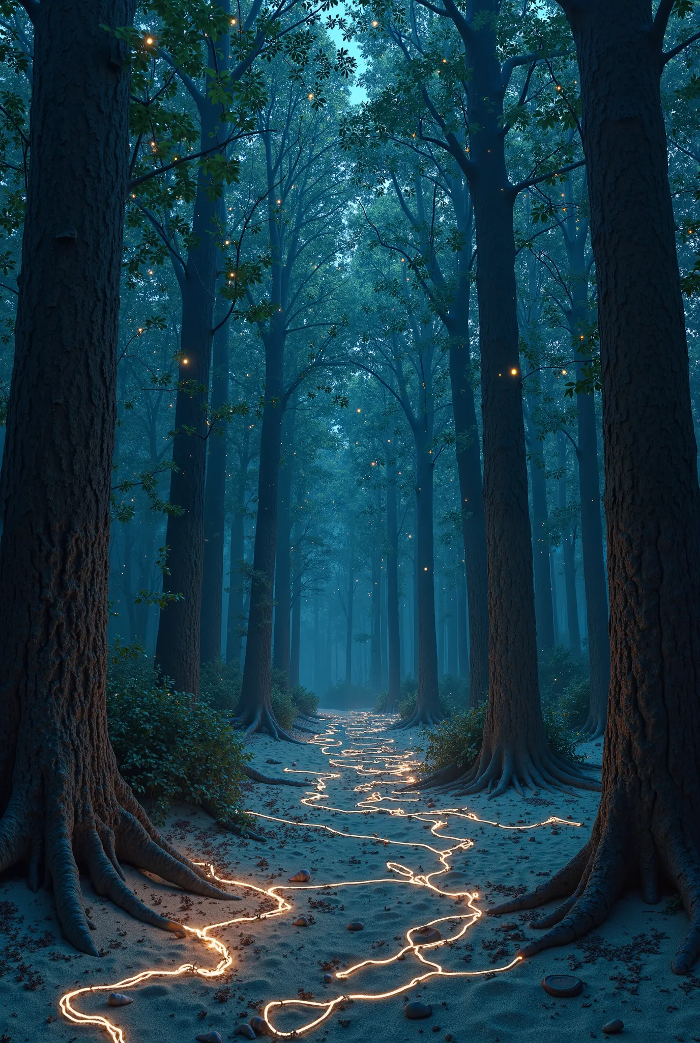 dense forest where trees, Instead of leaves, have wires of twinkling lights that connect to the sky, creating a pattern of stars that seem to be moving slowly. The floor, instead of just sand, have areas that glow with energy circuits, almost like an elect...