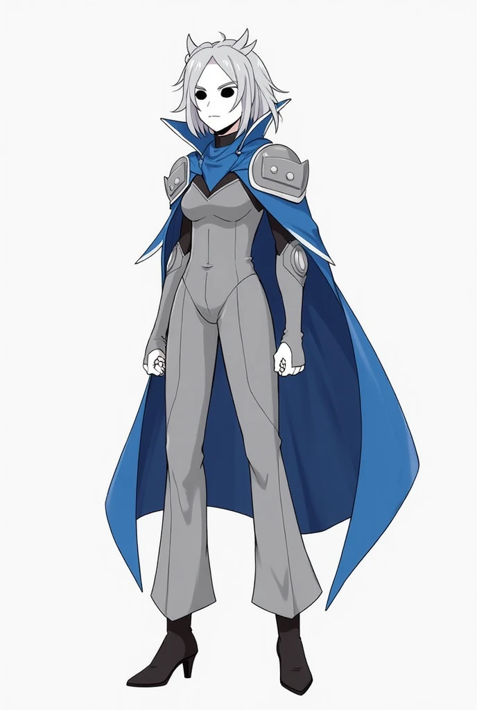 (1female, solo) faceless, white mask \(white face mask, black eyes/) grey hair, grey clothing bodysuit, open wide trousers pants, pants touch boots, white gloves, black heels boots, blue long cape, cape covering whole body, shoulders armors and neck, cape ...