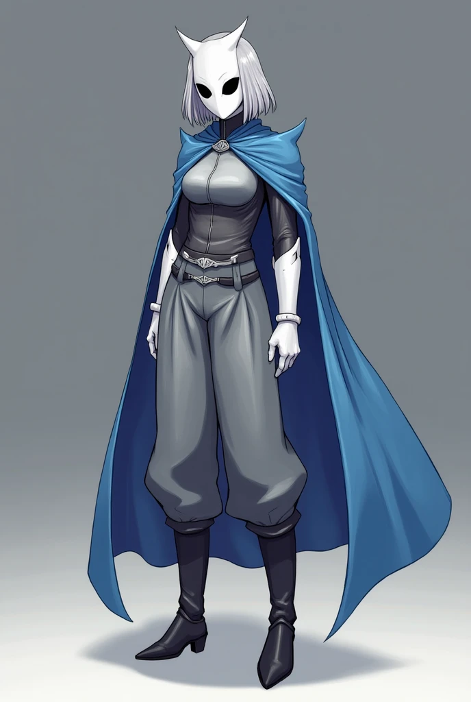 (1female, solo) faceless, white mask \(white face mask, black eyes/) grey hair, grey clothing bodysuit, open wide trousers pants, pants touch boots, white gloves, black heels boots, blue long cape, cape covering whole body, shoulders armors and neck, cape ...