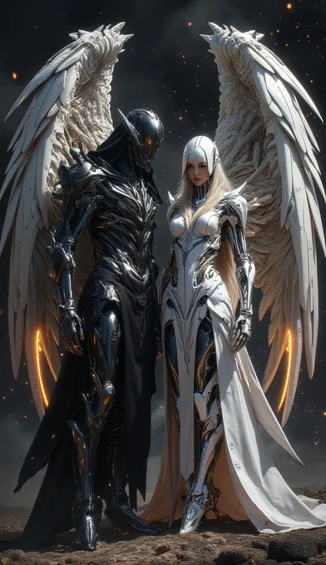 fallen angels, Man and woman.  outfits, biomechanical armor, Mechanized wings , bone auroles,  bright eyes , Intricate, Background of clouds and black smoke with flashes of fire and sparks of fire.
( excellent quality )
(  outfit )
(  Ultra quality )