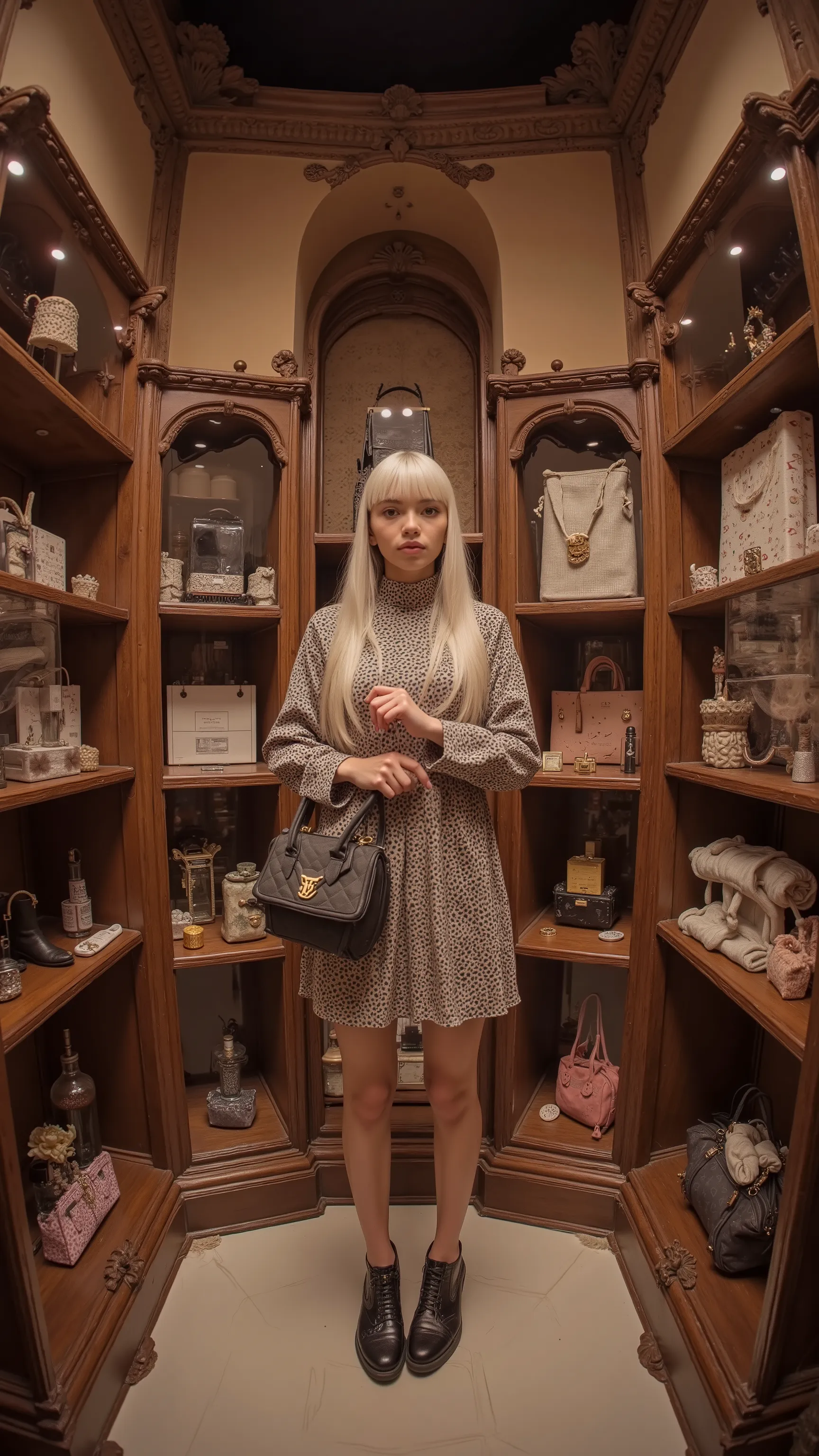  fisheye、An Arab woman stands in a showcase with lots of luxury goods, a digital rendering by Wayne England,  CG Societyでトレンド入り ,       maximalism   , In Paris, Backdrop, Fashion Posters,  It's a mixture of   , Curated Collections, Louis Vuitton Official C...