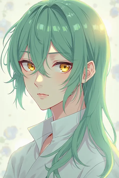  A Man,  anime style,  long light green hair ,  your eyes are golden, your skin is pale, his clothes are white.
