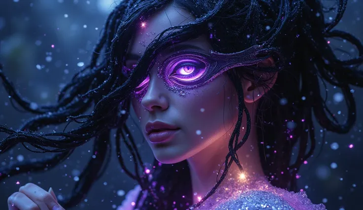 The view in front of the eyes is，An intense glow flashes in her violet eyes，A bunch of snowflakes spread through the air，Ultra HD clarity and results。know：One with Perfect、Only a glimmer of light and mystery emerges from behind her。Her face is impeccable，t...