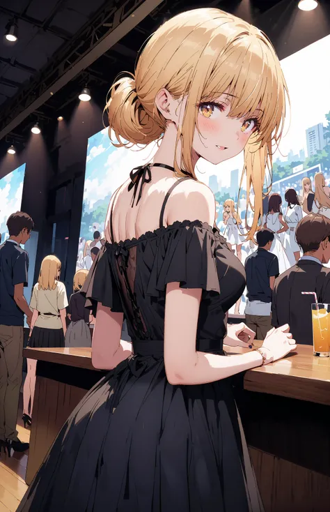 It&#39;s so dizzying, Mahiru Shiina, Alone,bangs,  blonde hair,  brown hair,  yellow eyes, half up do, off shoulder dress,Short sleeve,A dress that shows your back, Slit Skirt, pin heels, egg looking back in the vagina,smile,blush, open your mouth, table, ...