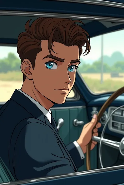 Anime image of a handsome man with big blue eyes, with brown hair in the style of the fifties loaded in a Mercury Occupy car from the year one thousand nine hundred and forty-nine in black color.