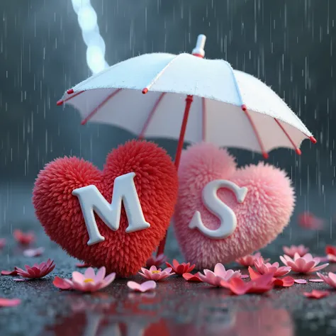 It appears to depict a three-dimensional one Pink and one bule two Fluffy heart with first heart the letters 'M' and second heart with name 'S' on it, sheltered by a white umbrella. The heart lies on its side, and the umbrella is slightly tilted, symbolizi...