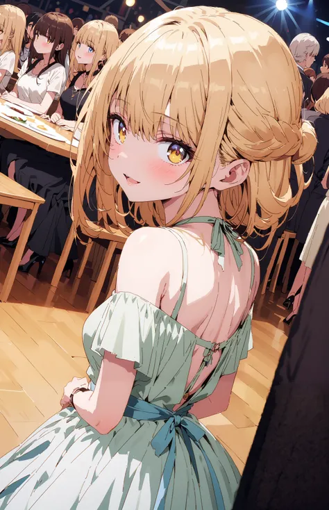 It&#39;s so dizzying, Mahiru Shiina, Alone,bangs,  blonde hair,  brown hair,  yellow eyes, half up do, off shoulder dress,Short sleeve,A dress that shows your back, Slit Skirt, pin heels, egg looking back in the vagina,smile,blush, open your mouth, table, ...