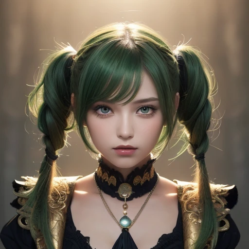 (Masterpiece,  top quality,  best quality ,  Official Art,  beautiful and aesthetic:1.2), ( 1 girl:1.3), ( Fractal Art :1.3), card, Tarot,  green hair,  twin tails,  hair flower, ( good lighting :1.1), (( high resolution)), Tarot card style