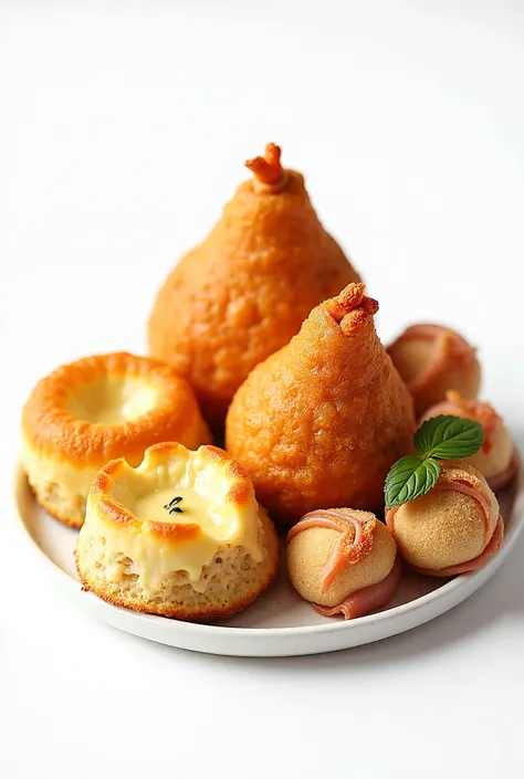 Brazilian Coxinha, Melting cheese cake and mini ham sandwich. in a white setting .