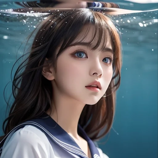 ( see-through:1.3),White sailor suit, sailor dress ,  White Theme , school uniform,  sailor suit ,  stare at viewers,  Madness,  long disheveled hair ,   beautiful eyes in every detail  ,Hair shines,Dramatic angle, blue sailor color ,  Plump Boobs , ogipot...