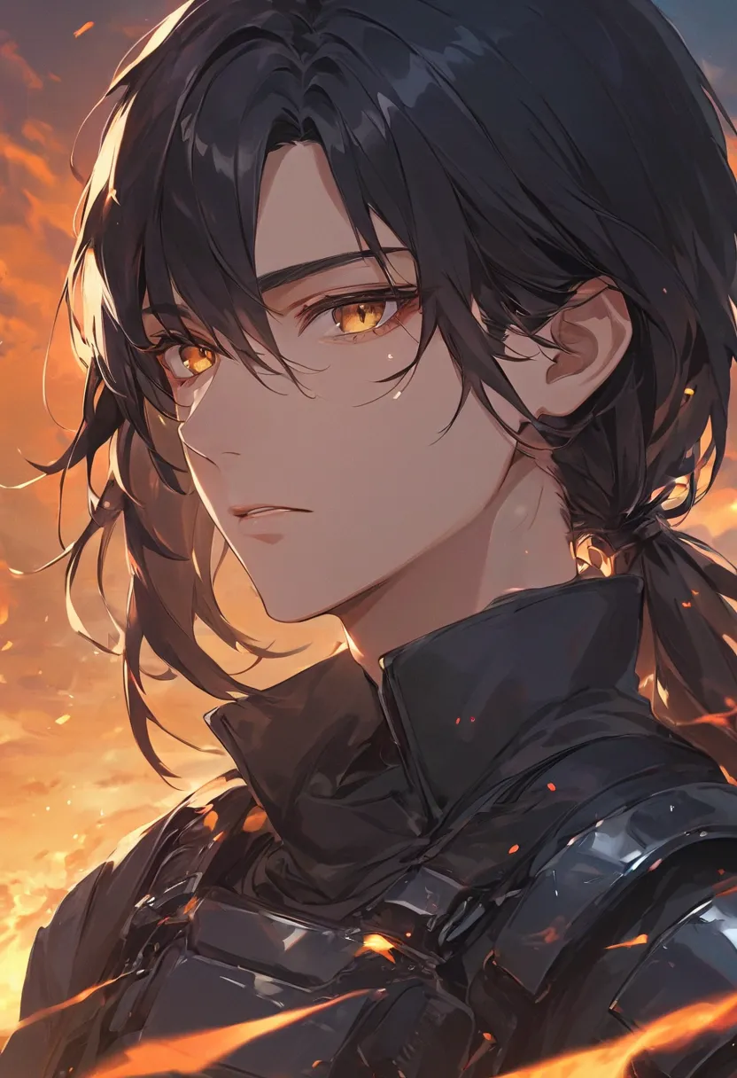 "Hyper-detailed, ultra-high-definition anime-style illustration of a male character in a close-up, emphasizing his striking features. His long, flowing black hair is tied into a loose low ponytail, with silky highlights catching the dim, apocalyptic light....