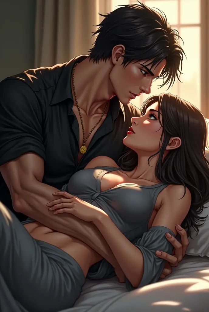 Cartoon cover Asian stripes anime man woman tattooed man embracing woman from behind. Background is bright white bedroom sleeping on sofa together.